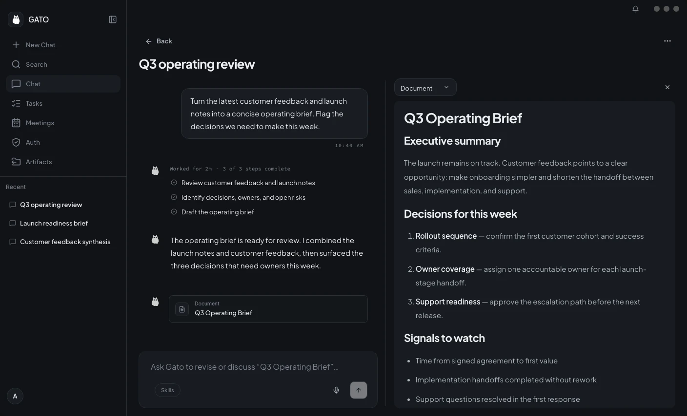 Gato turning a request into a completed operating brief in an editable workspace
